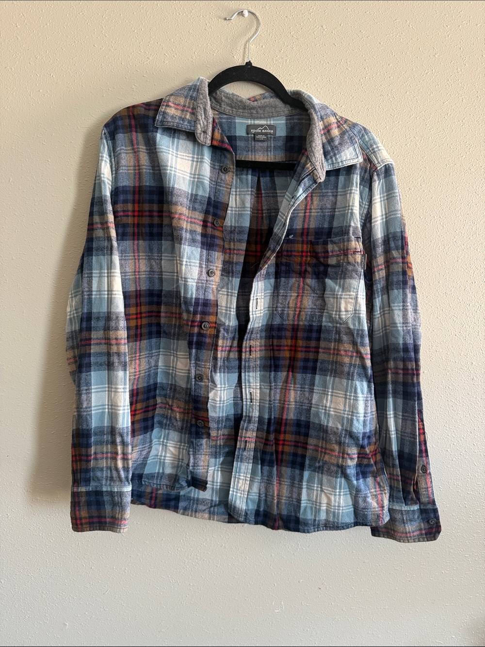 Eddie Bauer Blue, White and Red Plaid Button-Down Shirt - Picture 1 of 3